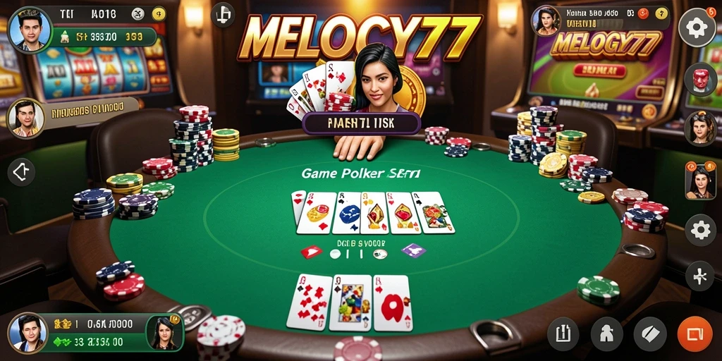Screenshot gameplay MELODY77 dengan aksi taruhan Poker yang mendebarkan.