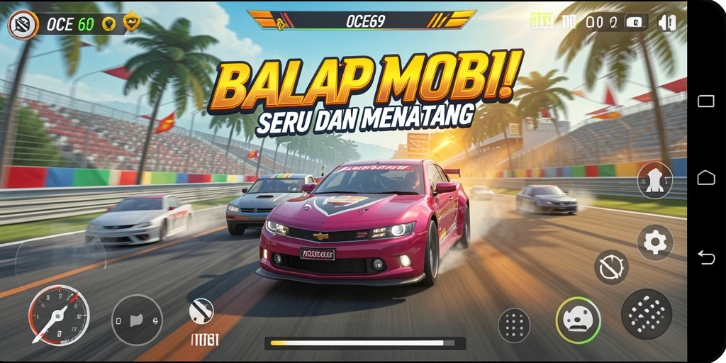 Gameplay OCE69 yang mendebarkan dengan balapan mobil yang cepat.