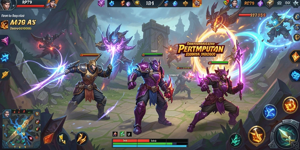 Screenshot gameplay RP79 yang menunjukkan pertarungan epik antar karakter MOBA.